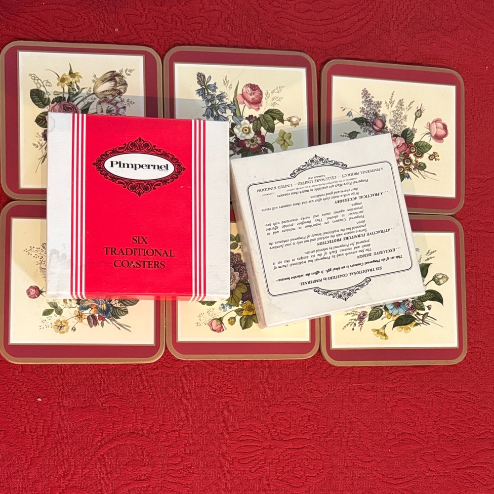 Pimpernel Vintage Floral Soeay Coasters Set in Burgundy and Cream